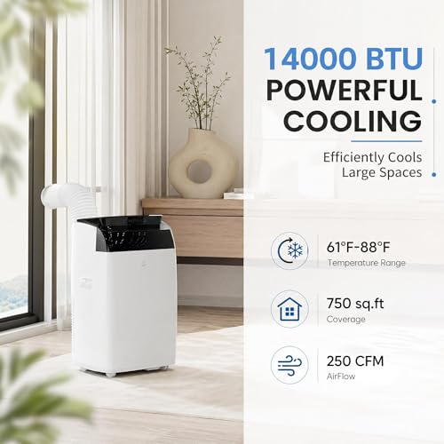 IDEALHOUSE 14,000 BTU Portable Air Conditioner for Large Room Up to 700 Sq.ft, 3-in-1 Portable AC Unit with Secure Window Kit, Auto-Evaporating Floor Air Conditioner with Remote & Timer for Bedroom