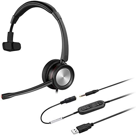 Oppetec 3.5mm/USB Headset, Single Ear Cell Phone Headset, On Ear, 3.5mm Plug for Tablet Smartphone, with USB Adapter for PC Online Courses, Video Conference, Voice Recognition, Webinar, Music