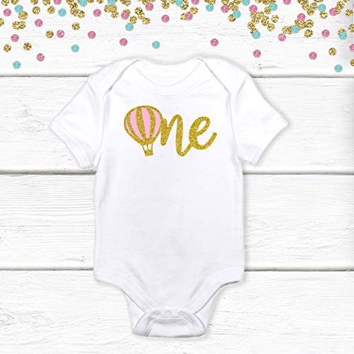 1 pc one hot air balloon 100% COTTON short sleeve babysuit bodysuit for first birthday boy girl champagne gold silver rose gold glitter hot air ballon up up & away theme