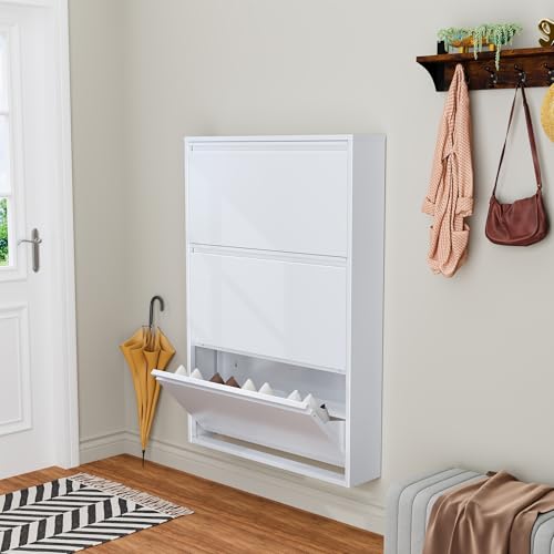 Shoe Cabinet Storage for Entryway, Narrow Shoe Storage Cabinet for Entryway Slim, White Metal Shoe Cabinet with 3 Flip Drawers, Wall Mounted