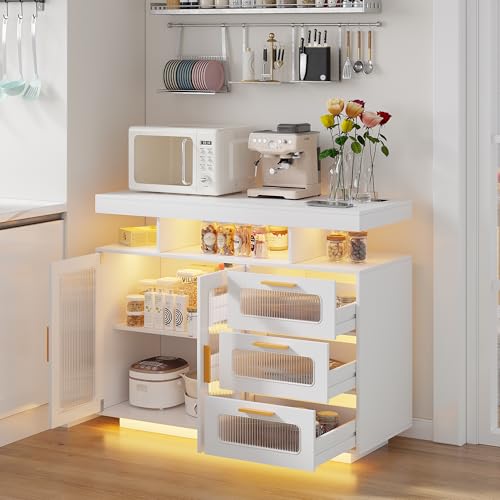 Coffee Bar Cabinet with Storage, Buffet Sideboard with RGB Light, Modern Coffee Bar Table with Charging Station