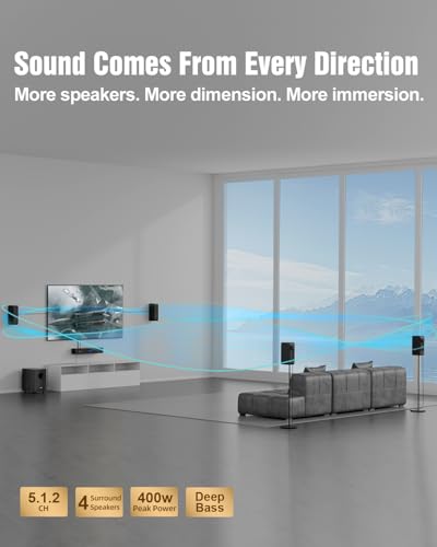 Hiwill-Audio 5.1.2ch Surround Sound System, Soundbar for TV with Subwoofer, Bass Boost, 4 Virtual Surround Speakers, Home Cinema Sound Bars Speaker, 400W Peak Power, Works w/ARC/OPT/BT 5.3/AUX/USB