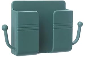 Wall-Mounted Phone and Remote Control Holder, Storage Organizer with Side Hooks (Green)