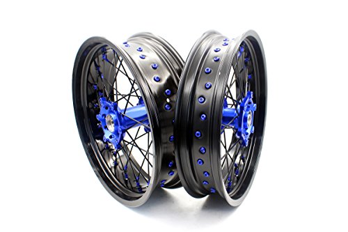 KKE YAMAHA 3.5Ã—17/4.25Ã—17 SUPERMOTO MOTARD WHEELS SET YZ125 YZ250 99-17 YZ250F 01-17 YZ450F 03-17 BLUE NIPPLE BLACK SPOKE