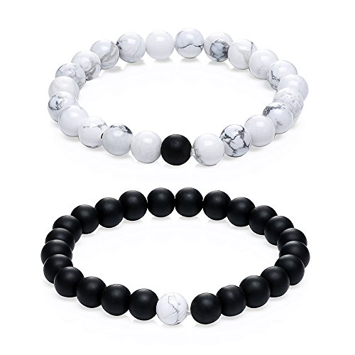 Gagafeel His Hers Black Matte Agate & White Howlite 8mm Beads Long Distance Relationship Couple Bracelet (1# 8mm)