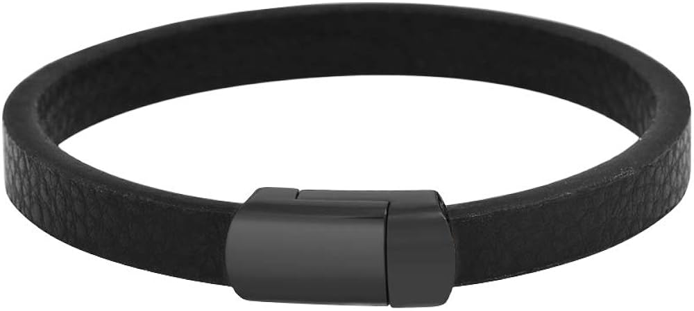 Geoffrey Beene Men's Genuine Pebbled Leather Bracelet with Stainless Steel Magnetic Closure (Black): Clothing