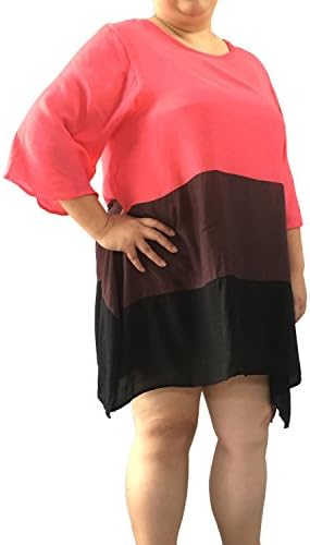 Block Color Unisex Plus Sz Summer Top Shirt Blouse Cotton Light 2XL ¾ Sleeve (pink brown black)