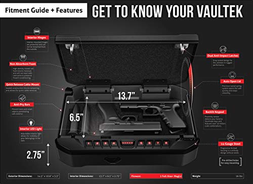 Vaultek VT Full-Size Handgun Bluetooth Smart Safe Multiple Pistol Safe with Auto-Open Lid and Rechargeable Battery(Black)