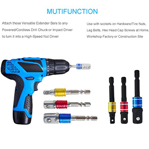 M-jump 6 PCS Impact Grade Socket Adapter/Extension Set Turns Power Drill Into High Speed Nut Driver,1/4-Inch Hex Shank to Drive for Adapters to Use with Drill Chucks, Sizes 1/4" 3/8" 1/2", Cr-V,