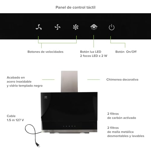 AVERA Campana de Cocina Extractora 60cm de pared, 3 velocidades, Panel táctil, Luz LED, Acero inoxidable y vidrio templado, Filtro de carbón activado y malla metálica lavable | CEA60C