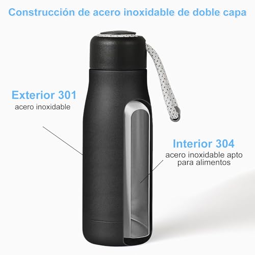 Termo de Acero Inoxidable 550ml, Doble Aislamiento Térmico 24h Frío/12h Caliente, Botella de Agua sin BPA, Ideal para Viajes, Deportes, Escuela, Diseño Portátil con Asa,senderismo Water (negro)