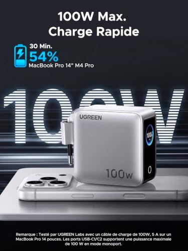 UGREEN Nexode Pro 100W Chargeur Rapide USB C 4 Ports avec Écran Intelligent GaN Compatible avec iPhone 17 Pro Max Air 16 15 14 13 Galaxy S26 S25 S24 Pixel 10 9 iPad MacBook Neo Air Pro M5 M4 M3 M2 M1
