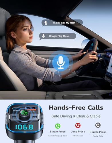 Glangeh 2026 Upgraded Bluetooth 5.3 Car Adapter【PD 36W+QC3.0 18W】, 2-in-1 Bluetooth FM Transmitter 【Dual Stronger Mics】& Fast Car Charger, Wireless Car Radio Adapter Hands-Free Kit, Siri Assistant
