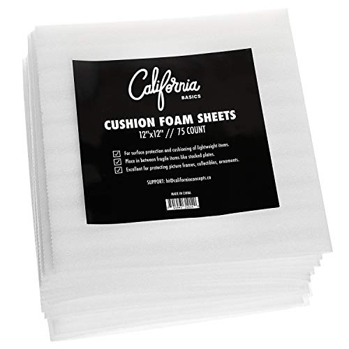 75 Count - 12" x 12" Cushion Foam Sheets, Packing Supplies for Moving, Safely Wrap Dishes, Glasses & Furniture Legs by California Basics