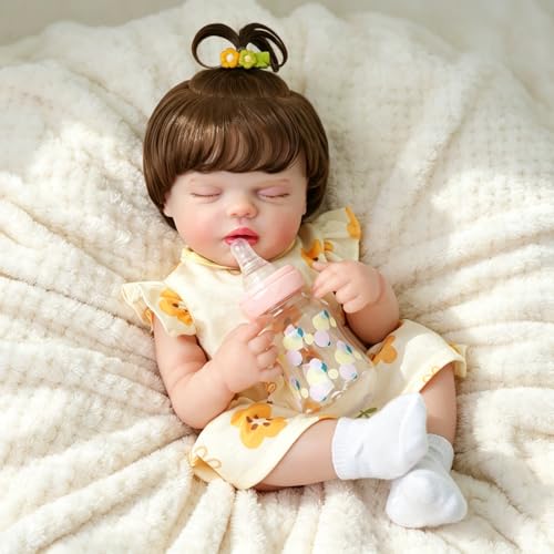 Bebê Reborn Boneca Realista Corpo de Silicone Menina Com Um Ursinho Fofo Cabelo Implantado Realista Original Pintada Corpo Pode dar Banho Dormindo de olhos fechados 48cm