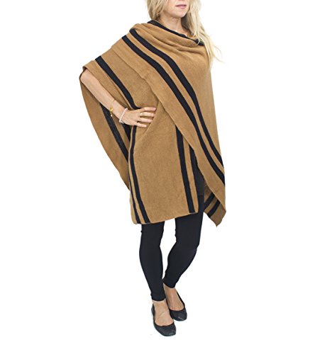 Jessica McClintock Striped Knit Cape Ruana Wrap Shawl Pashmina Poncho (Camel/Black)