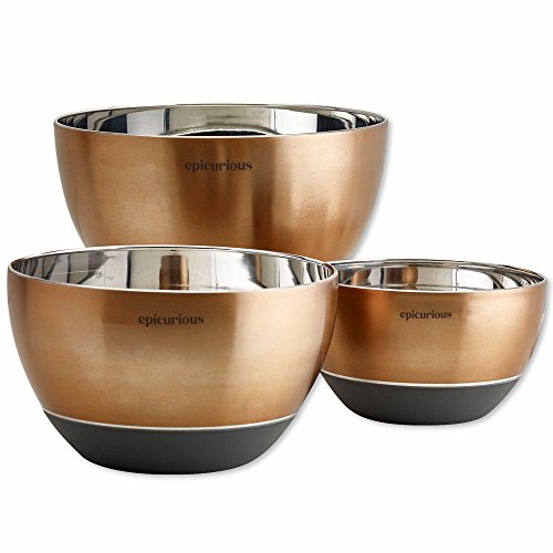 3-Piece Ultra Durable, High Edges and Deep Wells Mixing Bowl Set with Non-Slip Silicone Base in Copper by Epicurious