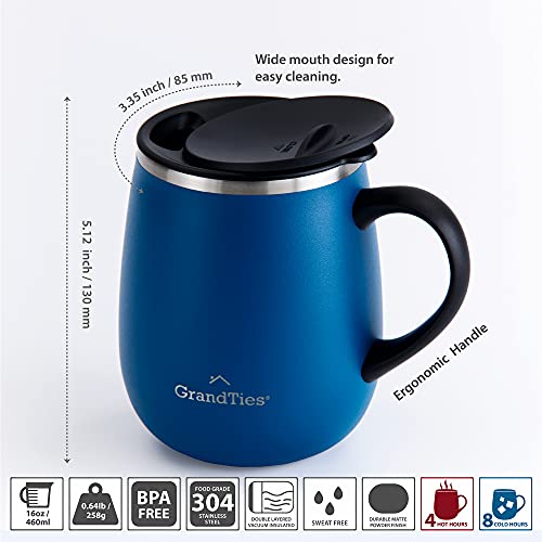 Grandties Insulated Coffee Mug with Handle Sliding Lid for Splash