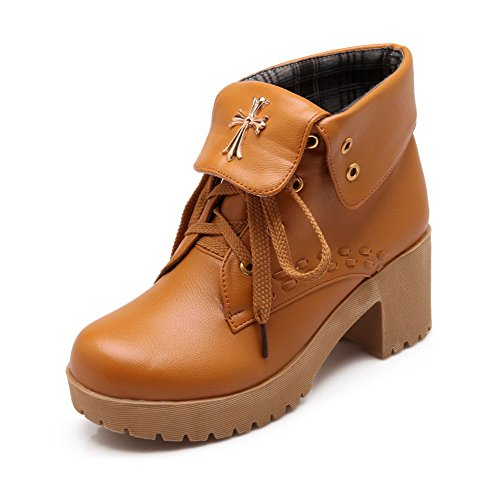 AllhqFashion Women's Lace Up Pu Round Closed Toe Kitten Heels Solid Boots, Brown, 38 AllhqFashion Women's Lace Up Pu Round Closed Toe Kitten Heels Solid Boots, Brown, 38