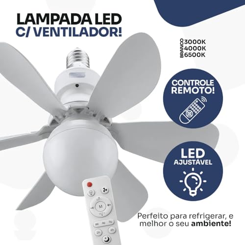 Ventilador com Lâmpada LED Bivolt 60W E27 com Controle Remoto – Silencioso, 3 Velocidades, Luz Fria/Neutra/Quente, Instalação Fácil no Bocal