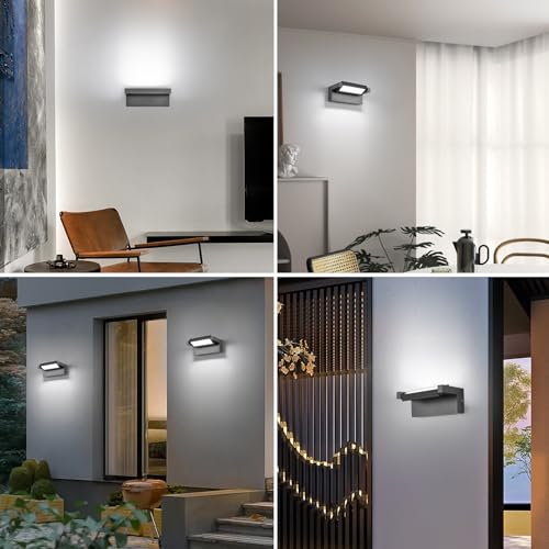 KUKAK 22W LED Indoor and Outdoor Wall Light, IP65 Waterproof 6500K Cool White, Outdoor Wall Light with 350° Swivel Panel for Garden, Terrace, Balcony, Dark Grey