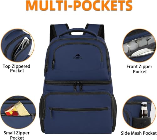 MATEIN Backpack Cooler 30 Litres with Capacity of up to 40 Cans, Thermal Backpack with Double Compartments, Lightweight and Anti-Leak Insulated Bag for Beach, Camping and Hiking, Blue