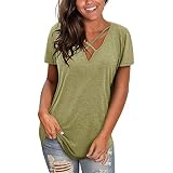 Women's Summer Criss Cross Blouse – Scoop Neck, Short Sleeve, Cold Shoulder Tunic Top (Green, Size XL)