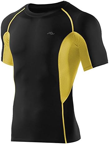 PASSWIN Men's Cool Dry Sports Compression Shirts Short Sleeve 3XL Black&amp;Yellow