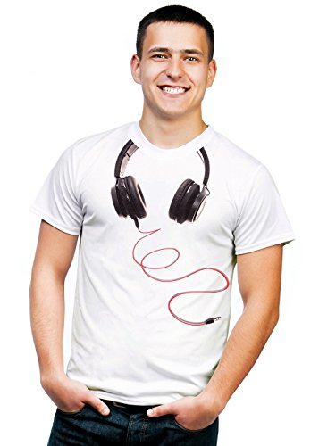 Cool DJ Disc Headphone Around Neck Graphic Printed T-Shirt Tee