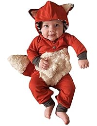 Newborn Baby Girl Boy Halloween Cosplay Cartoon Clothes Fox Coat Fur Bodysuit Jumpsuit Hooded Playsuit Romper Overall Outfit (Orange, 0-6 Months)