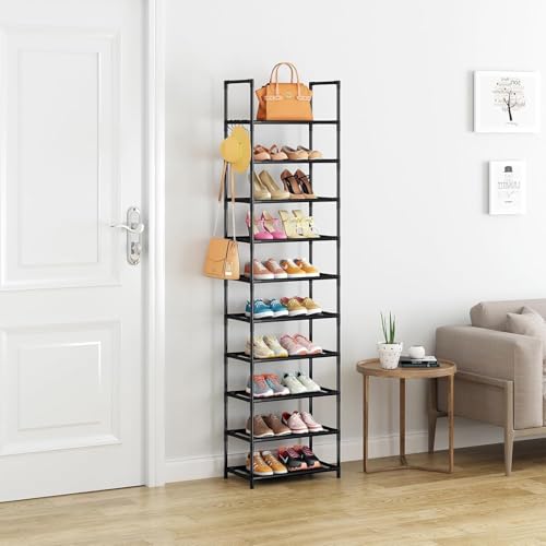 Last page® Shoe Rack 10-Tier Metal Narrow Shoe Organizer 20 Pairs Tall Shoe Storage Rack with Hook, Vertical Shoe and Boots Organizer, Shoe Shelf Organizer for Entryway Closet Hallway Black