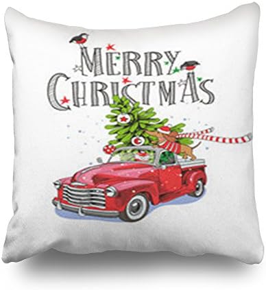Sneeepee Throw Pillows Covers Design Christmas Red Retro Truck Fir Dachshund Dog Square 18 x 18 Inches Decorative Pillowcase Home Decor Sofa Pillow Cushion Cases