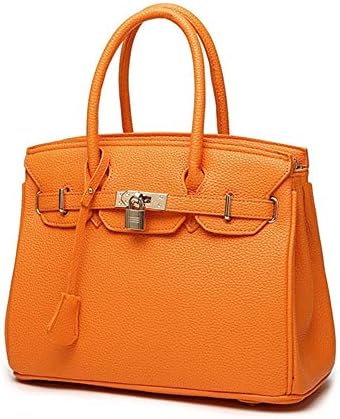 Vivian To Women's Classic Pebbled Leather Padlock Shoulder Bag Top-handle Handbag (Orange)