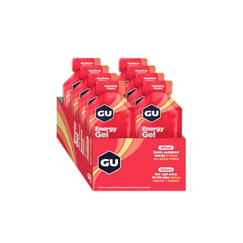 GU ENERGY ORIGINAL SPORTS NUTRITION ENERGY GEL, VEGAN, GLUTEN-FREE, KOSHER, AND DAIRY-FREE ON-THE-GO ENERGY FOR ANY WORKOUT, 8-COUNT, STRAWBERRY BANANA