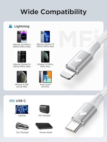 Aioneus USB C to Lightning Cable 1M, [Apple MFi Certified] iPhone Charger Cable Power Delivery Type C to iPhone Cable Fast Charging Cord for iPhone 14 13 12 11 Pro Max Mini XS XR X 8 7 6 5, iPad