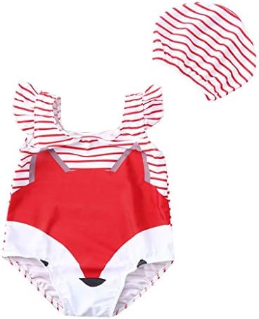Baby Girl Swimsuit,Mitiy One Piece Cute Cartoon Fox Swimwear with Swim Hat for 6M-5t Toddler Kid