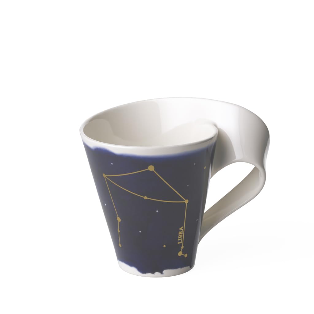 Villeroy & Boch 10-1616-5819 New Wave Stars Mug with Handle, Beautifully Shaped Cup with Libra Design, Premium Porcelain, Dishwasher Safe, White/Blue, 300 ml, Gold