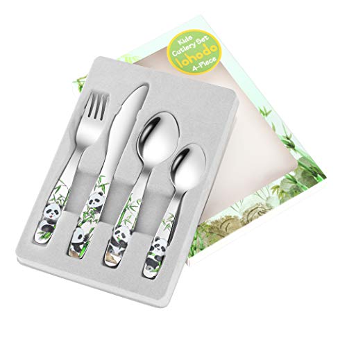 Kids Silverware Toddler Utensils Set Cute Panda 18/8 Stainless Steel Child Self Feeding Learning Cutlery Premium Fork Spoon and Knife Set 4 Pcs Baby Safe Flatware with Gift Box