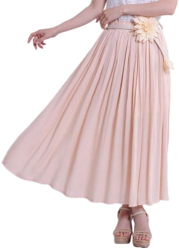 Mingxin Women's Pleated Swing Linen Maxi Skirt with Floral Woven Belt Pink