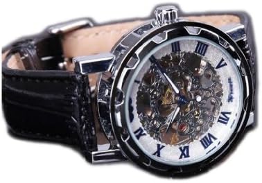 Luxury Mechanical Men's Steampunk Skeleton Mens Men Stainless Steel Wrist Watch-White/Blue&amp;Leather Band
