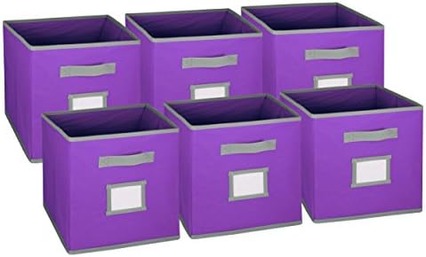 Hangorize Collapsible Fabric Cubicle Storage Bins, Orchid, 6 Pack, with Handy Label Window to Make Identifying Contents Easy. Set Includes 6 Foldable Storage Cube Basket Bins