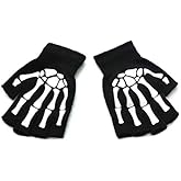 caralin Unisex Adult Halloween Skeleton Skull Half Finger Gloves Glow in the Dark Fingerless Stretch Knitted Winter Mittens Black