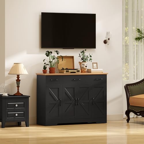 HOMCOM Farmhouse Sideboard Buffet Cabinet with Soft-Close Hinges, 47" Coffee Bar Cabinet with 3 Drawers and 3 Adjustable Shelves, Kitchen Pantry with Spice Racks, Black Wood Grain