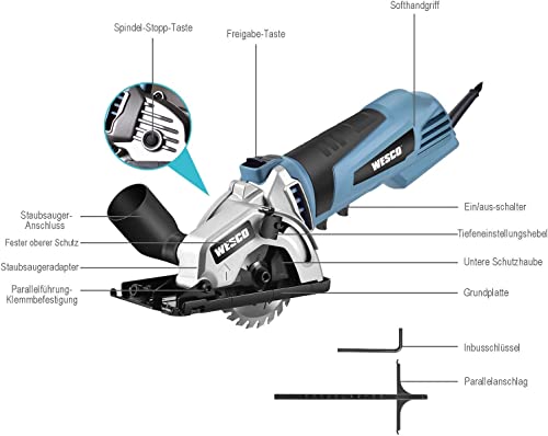 Mini Scie Circulaire,WESCO 500W Mini Scie Multifonction avec 2 Lames,5100/min, Profondeur de Coupe Maximum 27mm pour Couper le Bois,le Métal Mou,les Carreaux et le Plastique