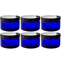 Cobalt Blue 4 oz PET Plastic (BPA Free) Refillable Low Profile Jar (6 pack) + Spatulas and Labels