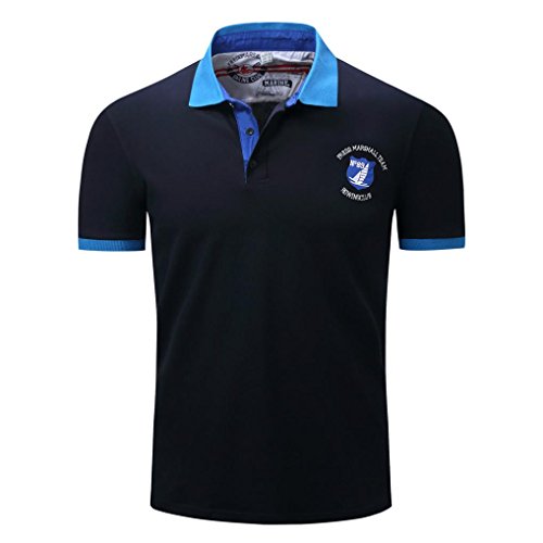 Click Here to See More Images NREALY Men Casual Splicing Button Splicing Pullover Short Sleeve T-shirt Top Blouse(Large, Dark Blue)