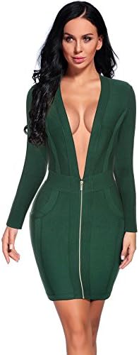 Madam Uniq Long Sleeves Bandage Dress Deep V Neck Mini Bodycon Club Dress (Dark Green, M)
