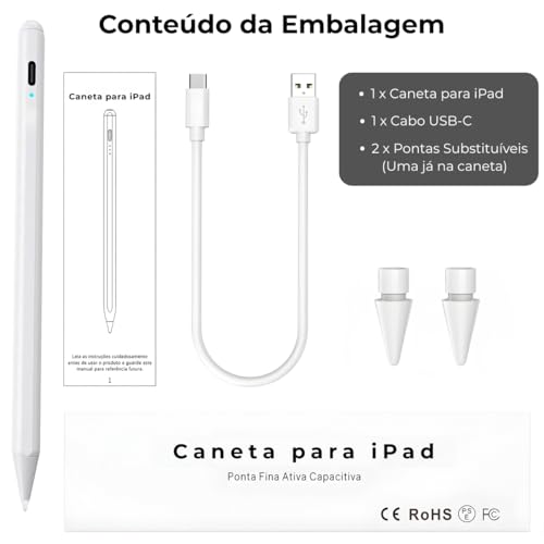 Caneta para iPad 2018-2026 Alta Precisão 1.0mm – Palm Rejection, Escrita Natural, Recarga Rápida USB-C, Fixação Magnética, Compatível com iPad Pro, Air, Mini e 6ª a 11ª Geração (Branca)