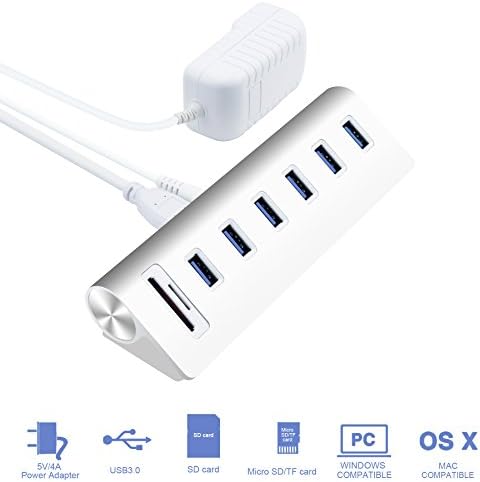 Anikks 6-Port USB 3.0 Compact Aluminum Hub with SD/TF Card Reader and 5V/4A High-Capacity Power Supply(2.5-Foot Cable)