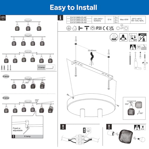 ANWIO Ceiling Lamp 4 Adjustable Bulbs E14, Kitchen Ceiling Lamp, Black Indoor LED Spotlights, Modern LED Ceiling Light for Indoors, Rotatable for Bedroom, Kitchen, Hallway, Dining Room, Without Bulb
